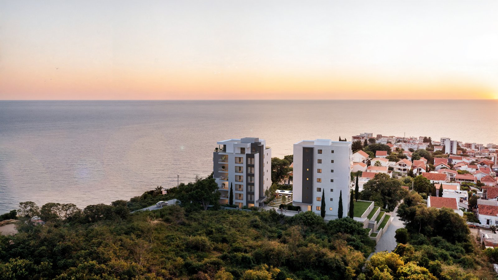 BLVD Baraka towers above the Adriatic coast at sunset