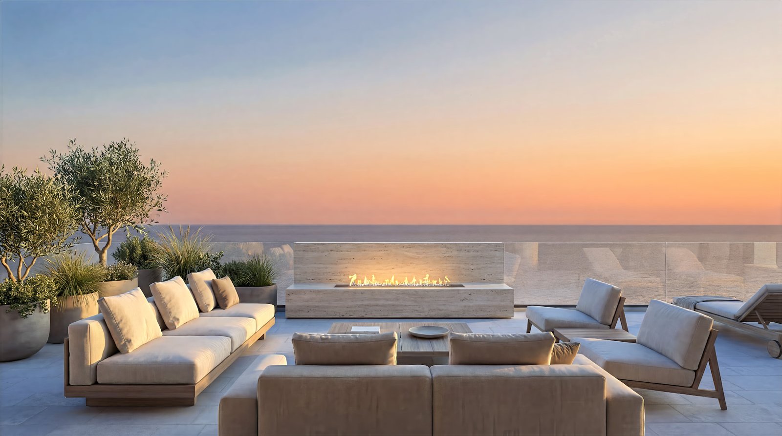 Rooftop terrace facing the sea at dusk