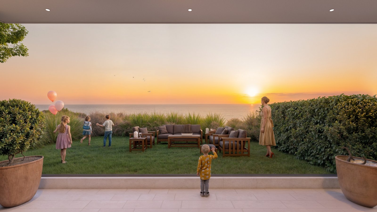 Family in the garden at sunset